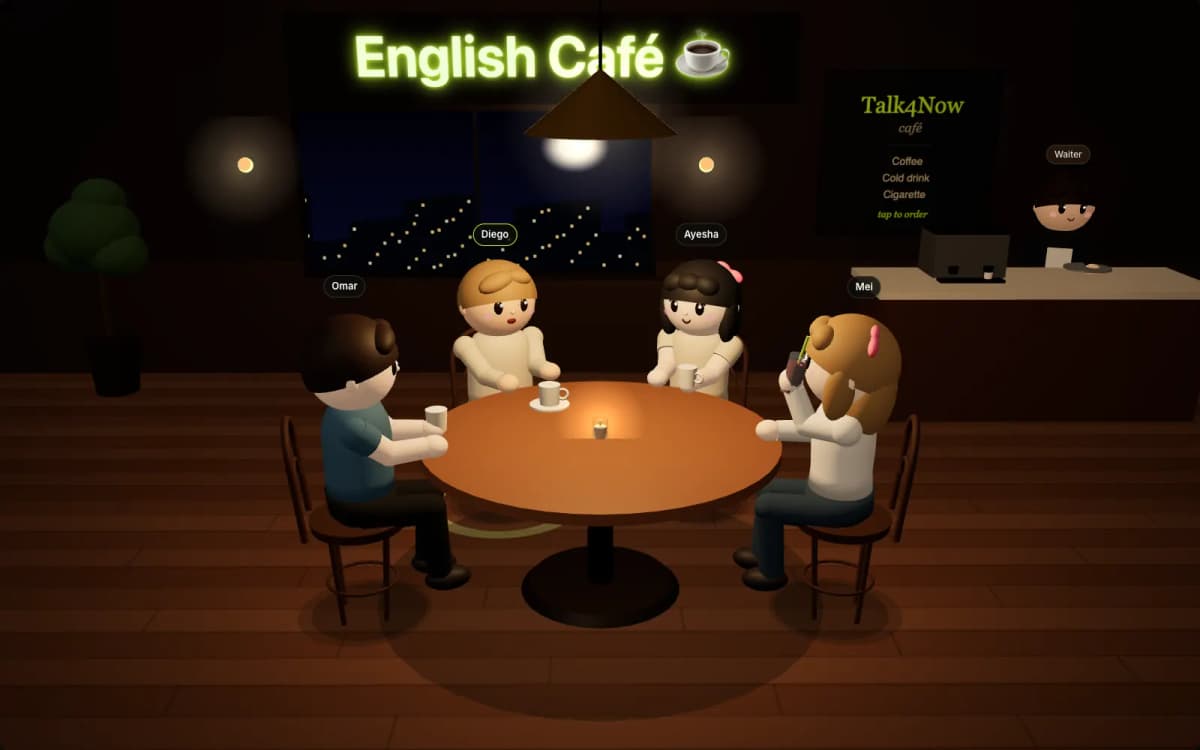 The Talk4Now 3D café, Cozy café: four people talking at a table, their names above them